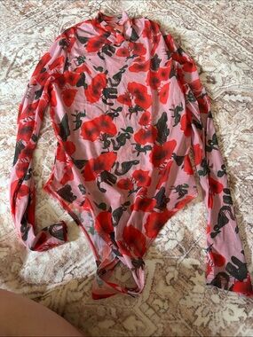 Sheer Pink Floral Long-Sleeve Bodysuit with Red Poppy Print